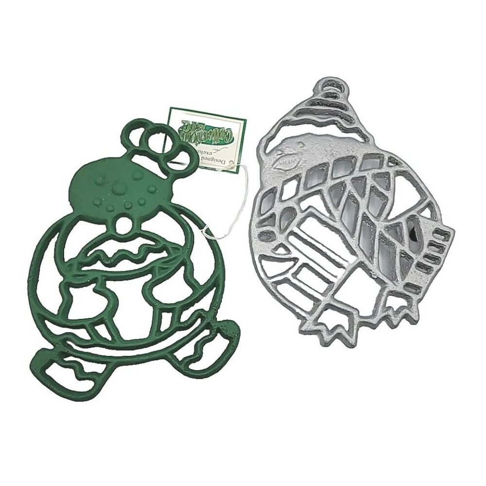 Green Silver Enamel Coated Cast Metal Iron Footed Trivet Christmas Decor New